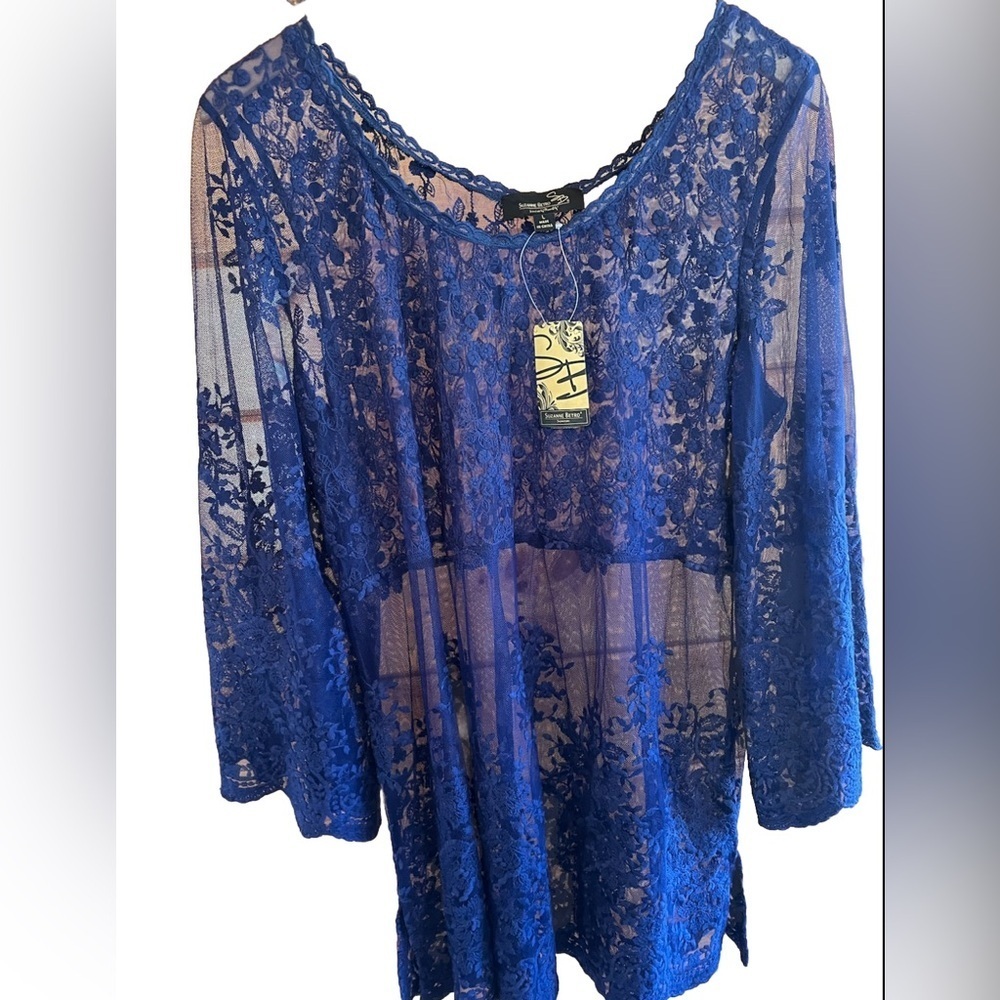 $86 NWT Suzanne Betro Women's Bell Sleeves Lace Crochet Accents Tunic Top Large